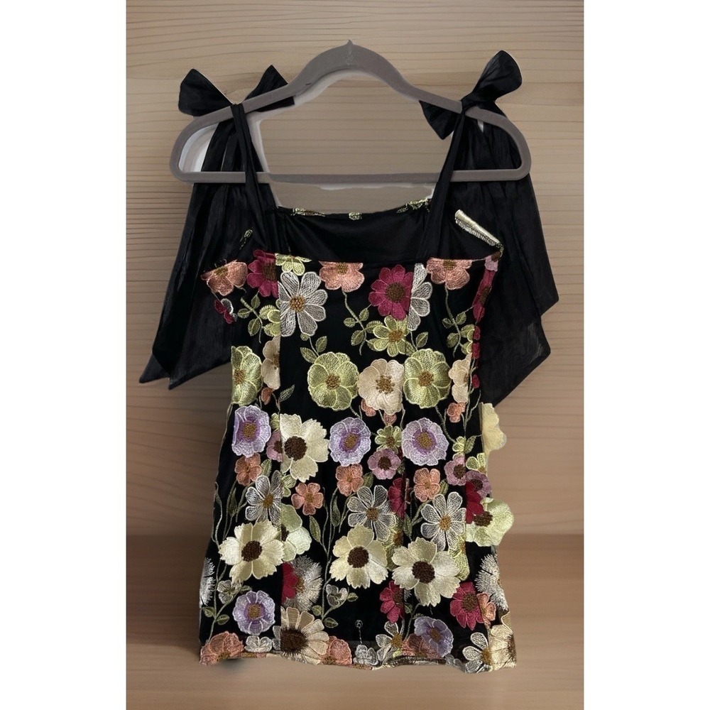 Lulus Made With Love Black Dress 3D Color Floral Embroidered Tie-Strap Mini Sz-M - Picture 2 of 8